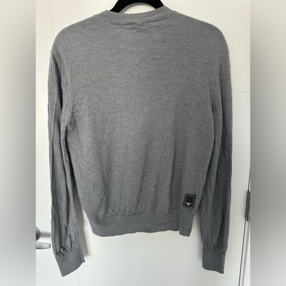 Emporio Armani  Embroidered Zigzag Wool Sweater – Gray Crewneck - Picture 6 of 9